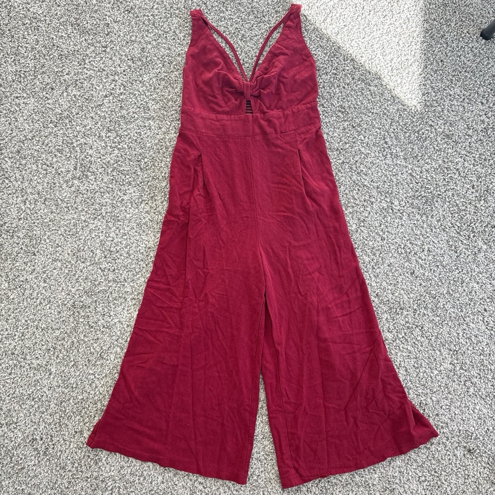 Wine Red V-Neck Wide-Leg Jumpsuit